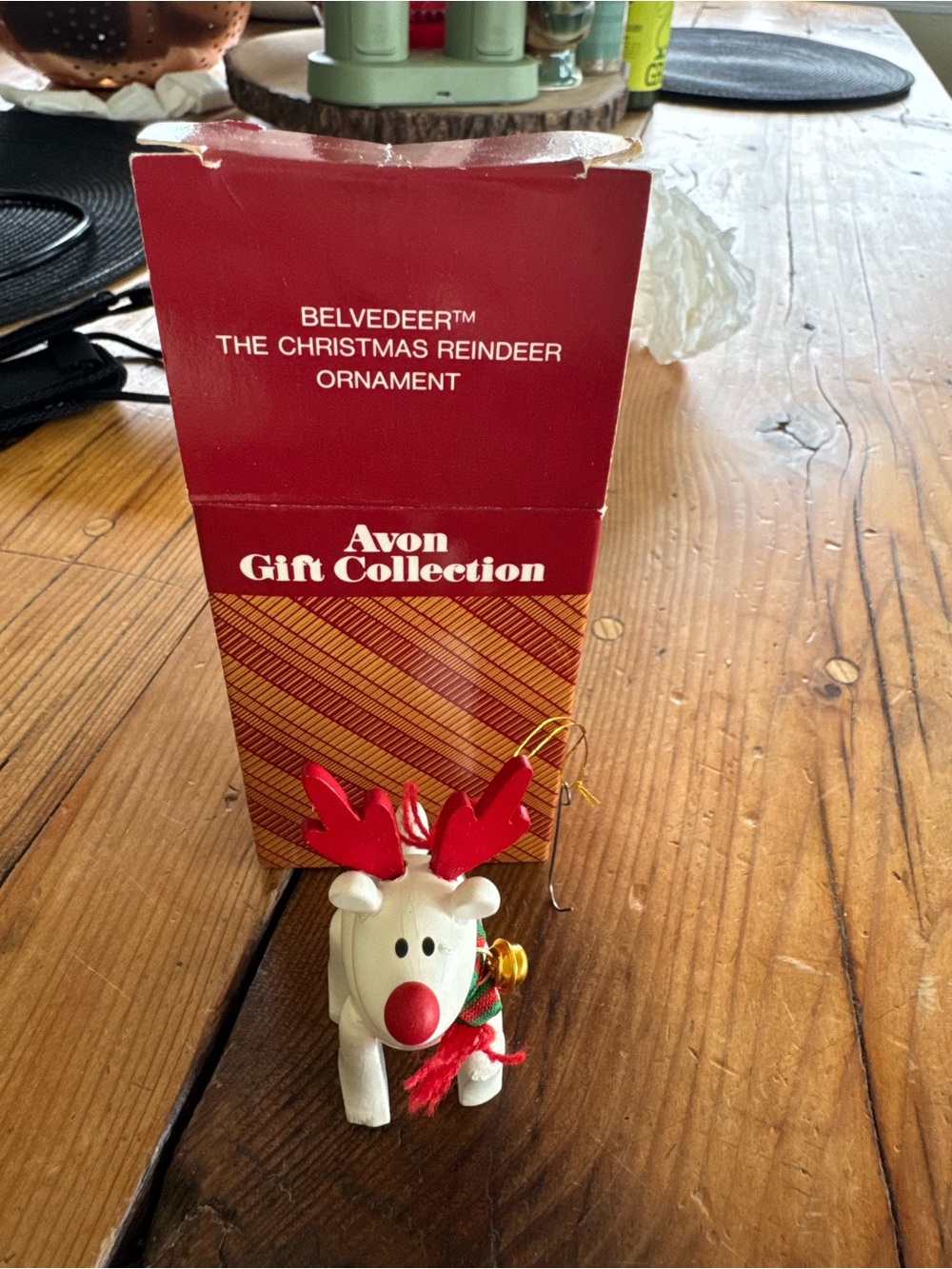 Avon Red & White Reindeer Ornament with Gold Bell